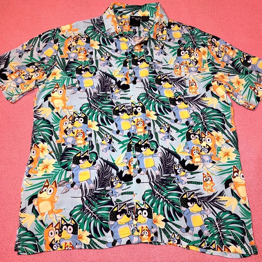 Bluey Mens Hawaiian Button Down Shirt Tropical Palm Leaf Blue Rayon Size Medium